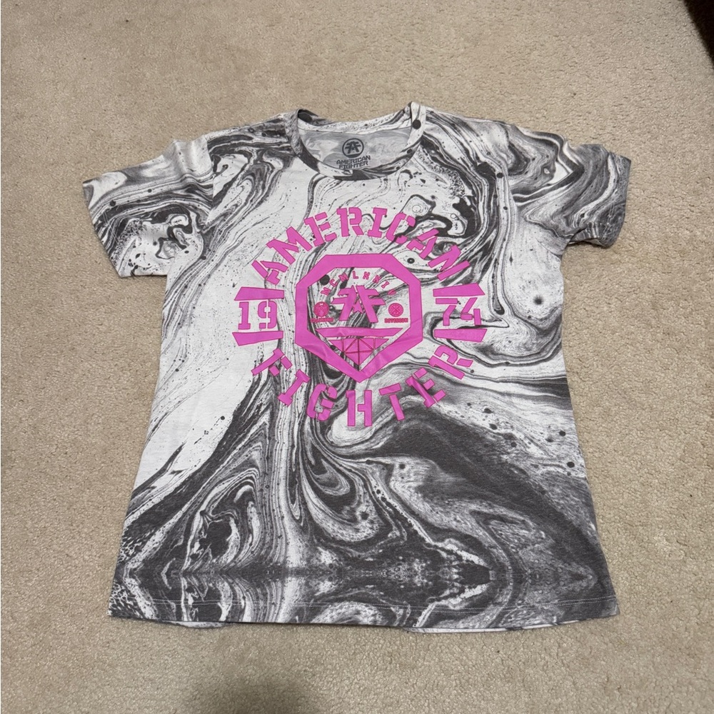 American Fighter Black and White Swirl Tee with Pink Logo